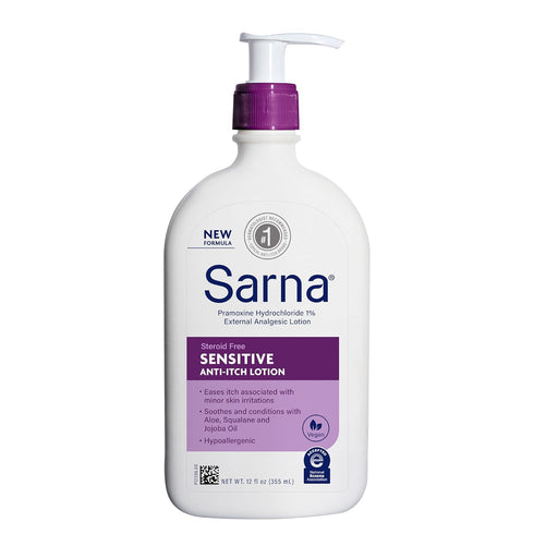 Sarna Sensitive Anti-Itch Lotion, Steroid-Free, Fragrance-Free, Vegan, Hypoallergenic, National Eczema Association Accepted, 1% Pramoxine Hydrochl...
