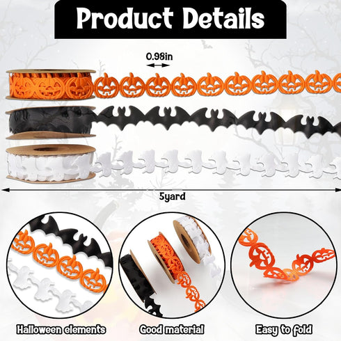 3 Rolls 15 Yards Halloween Ribbons, Black White Orange Halloween Ribbons Pumpkin Bat Ghost Shape Craft Ribbons Trim Embellishment for Gift Wrappin...