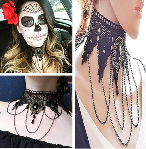 Vintage Lace Skull Choker Necklace, Lace Gothic Statement Necklace, Halloween Goth Choker Necklaces, Vampire Choker Necklace Costume for Women (Bl...