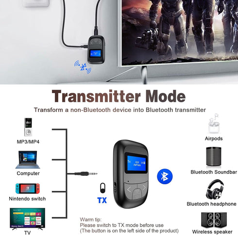 Bluetooth 5.0 Transmitter Receiver for TV - Tensun Visible 3.5mm Wireless Audio Adapter with LED Display Screen, Volume Control 2-in-1 Aux Stereo ...