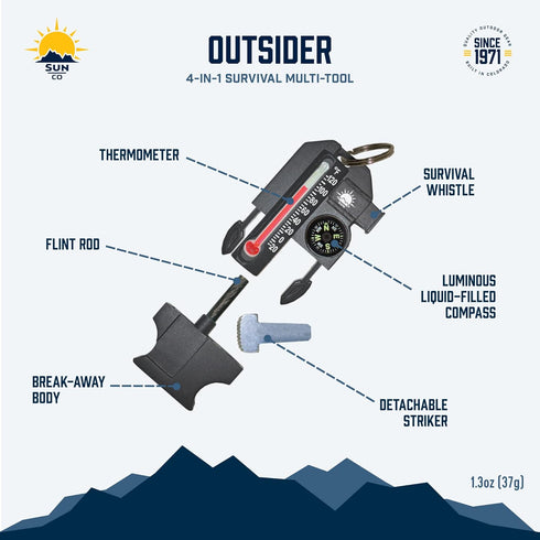 Sun Company Outsider - 4-in-1 Survival Multi-Tool | Compass, Thermometer, Whistle, and Fire Starter in a Compact Zipper Pull | EDC Outdoor Firesta...