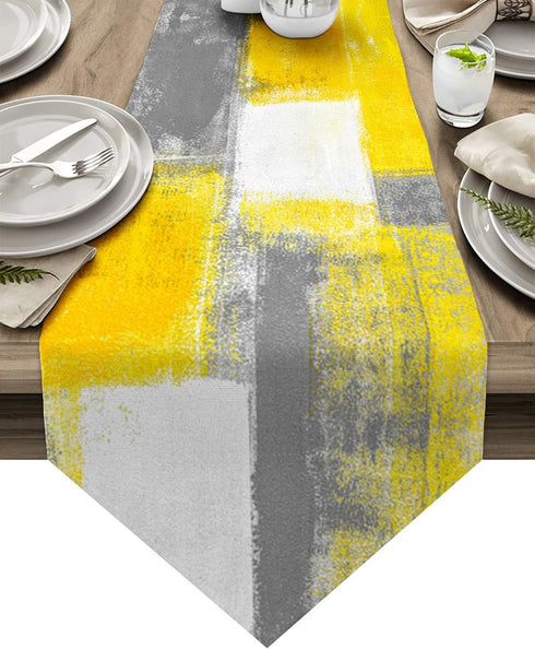 Yellow and Gray Table Runner Farmhouse Style Burlap Table Runner Abstract Modern Art Painting Table Runners for Family Kitchen Dinning Table Decor...