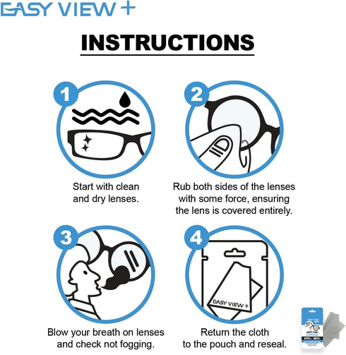EASY VIEW+ Anti-Fog Microfiber Cloth- For Glasses Goggles Motorcycle Helmet Camera Lens...