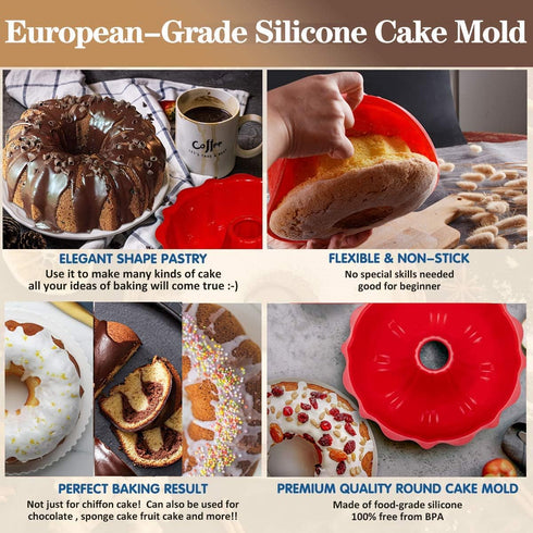 European Grade Top-Level Silicone Cake Mold, Non Stick 9 inch Fluted Tube Cake Pan for Bakeware for Cake, Jello, Gelatin, Bread, Monkey Bread, Bro...