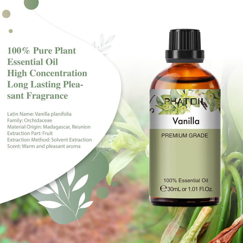 Vanilla Essential Oil, 1.01Fl.Oz (30ML) PHATOIL Pure Essential Oil Singles for Aromatherapy Diffusers, Humidifiers, Great for DIY Candle and Soap ...