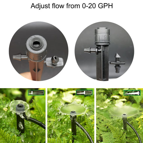 25 Pcs Drip Irrigation Emitters, Adjustable Flow 0-20 GPH Irrigation Drippers with Stake, Full Circle Flow Sprinkler Head, Micro Sprinkler for Gar...