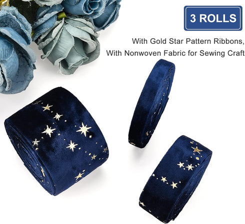 BENECREAT 6.6 Yards 3 Sizes Velvet Ribbons with Star Pattern Drak Blue Double Faced Velvet Ribbon for Sewing Craft, Mother's Day Festival Gift Pac...