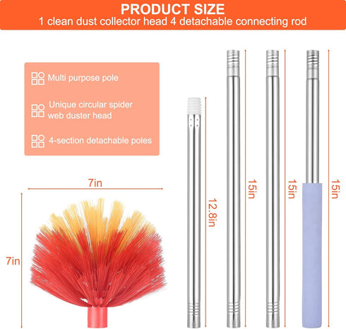 Cobweb Duster with Extension Pole, 59" Adjustable Stainless Steel Pole, Washable Duster with Medium-Stiff Bristles for Ceiling Fan, High Ceilings,...