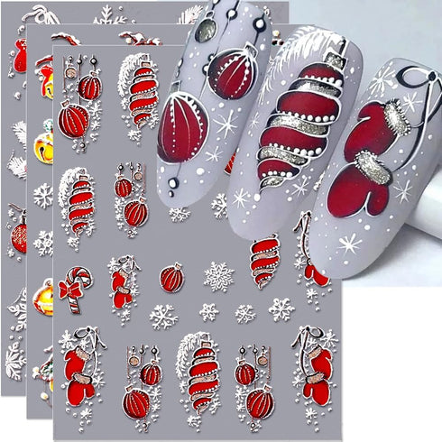 Christmas 5D Nail Art Stickers Self-Adhesive Embossed Snowflake Nail Decals Red Christmas Balls Nail Stickers Xmas Jingle Bells Nail Art Supplies ...