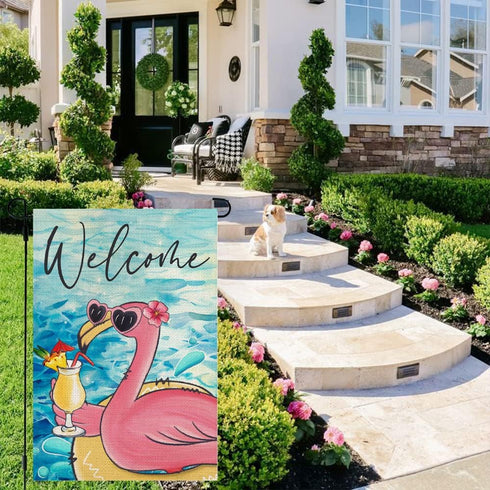 Garden Flags for Outdoor, Summer Tropical Flamingo Drink Juice Welcome Small Yard Flags for Outside, Swimming Pool Decoration for Party Holiday 28...