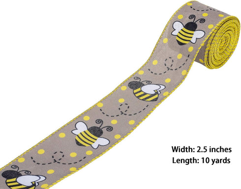 ATRBB Honey Bee Wired Edge Ribbon, Cute Honeybee and Polka Dot Print Ribbon for Wreaths, Gift Wrapping and Party Decoration, 10 Yards by 2.5 Inche...