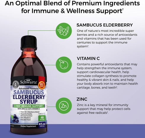 Elderberry Syrup for Kids and Adults - Natural Immune Support with Zinc and Vitamin C Plus 10x Concentrated Sambucus Elderberries - Blueberry Panc...