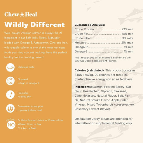 Chew + Heal Labs Omega Salmon Jerky Dog Treats - 5 oz of Soft Salmon Jerky for Skin and Coat - Made with Wild Alaskan Salmon, Flaxseed, Oat Flour,...