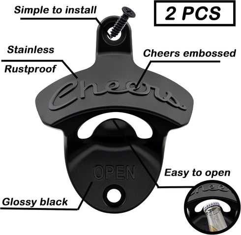 Wall Mounted Bottle Opener Black, Cheers Beer Cap Opener Post Mounted for Garage Man Cave Bar (Pack of 2)...