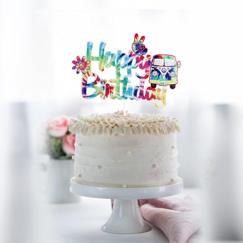 60's Tie Dye Happy Birthday Cake Topper - Groovy 60's Birthday Party Cake Topper - Groovy Hippie Party Cake Decoration...