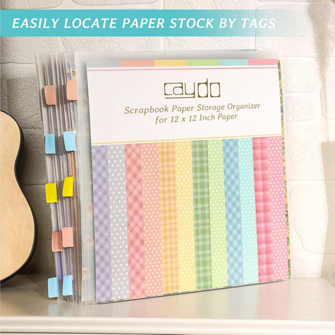 Caydo Scrapbook Paper Storage Organizer with 60 Sticky Index Tabs, 10 Pack Plastic Paper Storage Bag for Holding 12 x 12 Inch Scrapbook Paper Card...