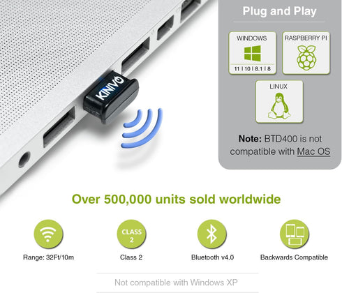 Kinivo USB Bluetooth Adapter for PC BTD400 (Bluetooth 4.0 Dongle Receiver, Low Energy) - Compatible with Windows 11/10/8.1/8, Raspberry Pi, Linux,...