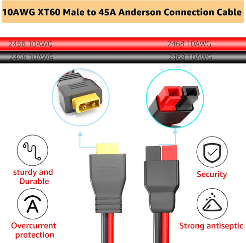 XT60 Male to 45A Anderson Connector Adapter. 10AWG Cable Suitable for Outdoor Power Banks, Lithium Battery Packs, Solar Panels to Portable Power S...