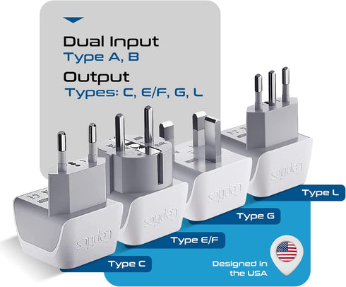 Ceptics European Plug Adapter 4 Pack Set, USA to Europe, Italy, Germany, England, Spain, Italy, Iceland, France (Type C, E/F, G, L) - for Your Cel...