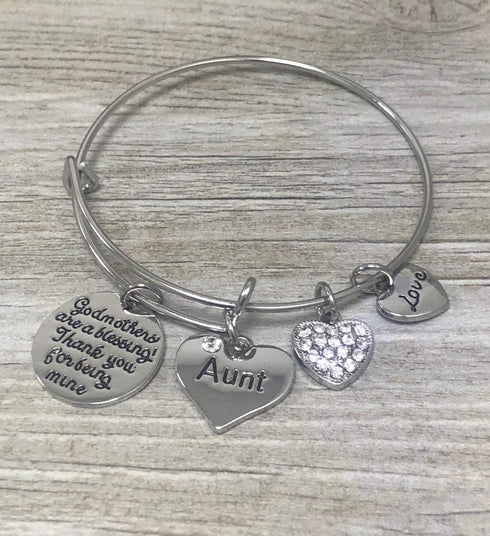 Infinity Collection Aunt Godmother Gift, Godmother Charm Bangle Bracelet- Baptism Godmother Gifts- Godmother Jewelry- Gift for Godmothers...