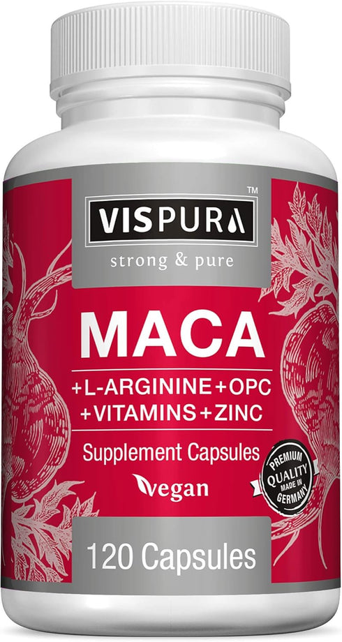 Maca Root Capsules 5000 mg + L-Arginine, Vitamins B6 + B12, OPC and Zinc, Energy Boosting Formula* for Men and Women, 120 Vegan Tablets with Organ...