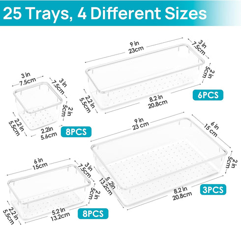 Vtopmart 25 PCS Clear Plastic Drawer Organizers Set, 4-Size Versatile Bathroom and Vanity Drawer Organizer Trays, Storage Bins for Makeup, Bedroom...