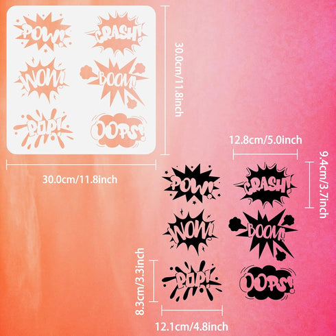 FINGERINSPIRE Comic Text Stencil 11.8x11.8 inch Plastic PET Drawing Template "Wow Boom OOPS POW Crash POP" Words Stencil Comic Theme Stencil Squar...