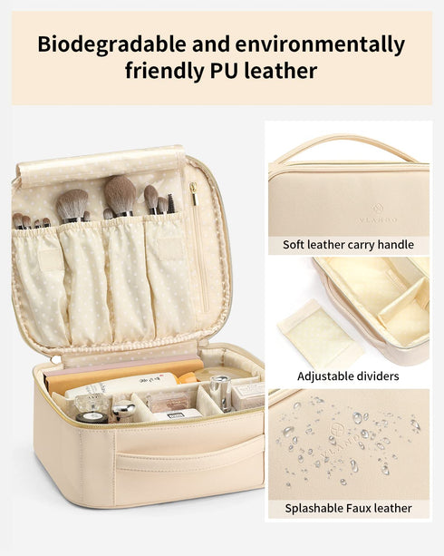 Vlando Travel Makeup Bag, Large Capacity Cosmetic Bag for Women PU Leather Makeup Case Organizer Portable Make up Bag with Dividers and Handle for...