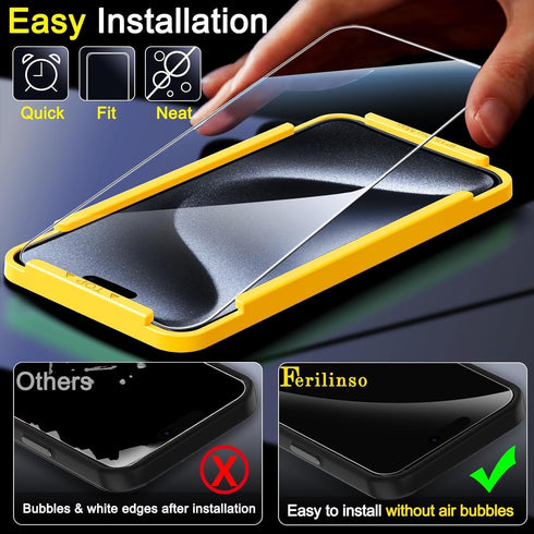 Ferilinso 4 Pack Screen Protector for iPhone 15 Pro Max with 4 Pack Tempered Glass Camera Lens Protector Phone Case Friendly Ultra Accessories Pro...