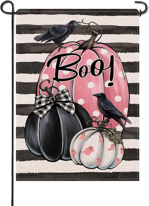 Halloween Boo Pumpkin Patch Small Decorative Garden Flag, Crow Pink Gourd Black White Stripes Yard Lawn Outside Decor, Fall Ghost Holiday Farmhous...