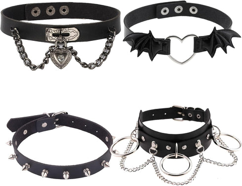 4Pcs Halloween Cool Steampunk Heart Shaped Rock Rivet PU Leather Choker Collar Necklace Punk Leather Necklaces Gothic Collar Necklace Halloween Co...