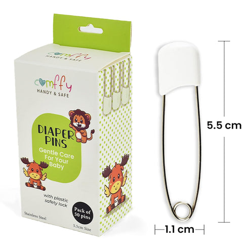 50 PCS Diaper Pins - Stainless Steel Pins with Plastic Safety Lock, Large Nappy Pins with White Plastic Heads, 5.5cm x 1.1cm - Safety Pins for Bab...