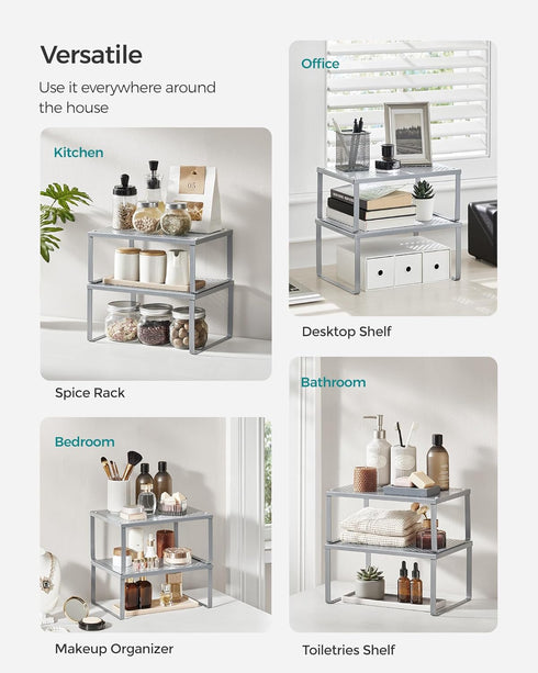 SONGMICS Spice Racks, Set of 2 Metal Cabinet Shelf Organizers, Countertop Organizers, Shelf Risers, Stackable, Expandable, Silver UKCS01SV...