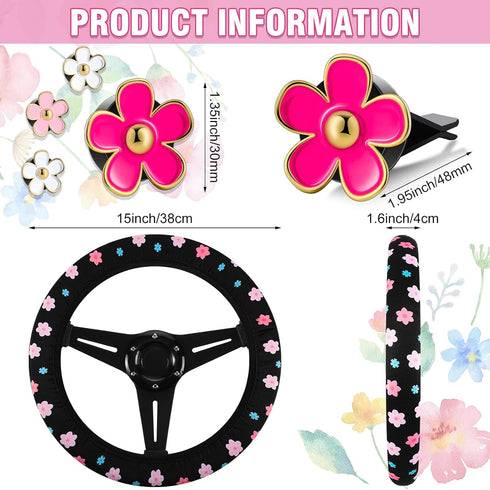 Frienda Cute Steering Wheel Cover Flower Steering Wheel Cover Floral Steering Wheel Cover for Girls with 4 Pieces Cute Flowers Car Air Vent Clips ...