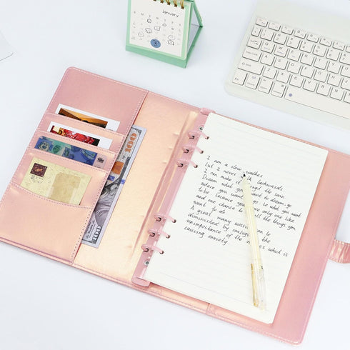 A5 PU Leather Cotton-Padded Binder 6-Ring Notebook Binder Cover with Gold Keychain for A5 Filler Paper, Refillable A5 Personal Planner Budget Bind...