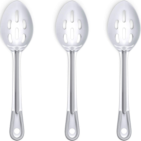 Super Strong, Ergonomic 11 in Serving Spoon 3 Pk. Big, Slotted Stainless Steel Spoons for Cooking, Baking and Basting. Best Kitchen Flatware for B...
