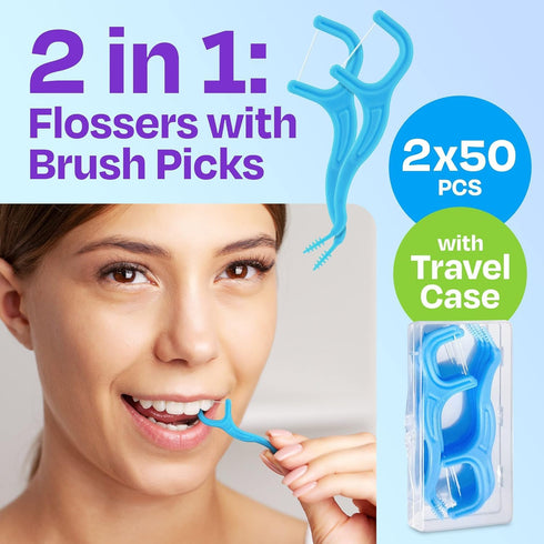 Dental Flossers Brush Picks 2 Pack w/Travel Case (100 Total Count), Dental Floss Glides Easy Between Teeth, Flosser Helps Prevent Tooth Decay & Gu...