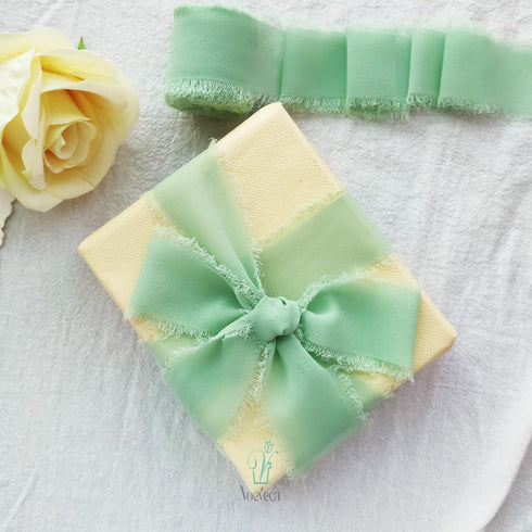 Handmade Fringe Chiffon Ribbon -1 1/2 inch x 20 Yard Chiffon Silk Ribbon-Sage Green Ribbon for Wedding Invitations-Bridal Bouquets Wrapping- Flowe...