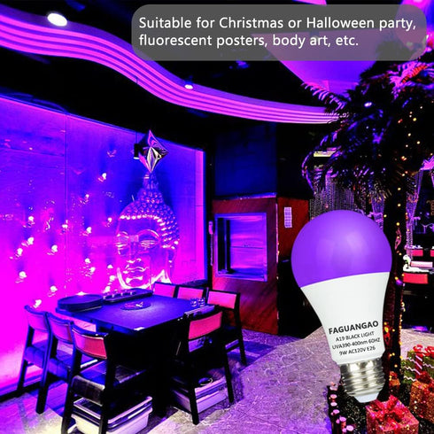 FAGUANGAO LED Black Light Bulb,9W(75Watt Equivalent) A19 UV Blacklight Bulb,120V,UVA Level 390-400nm,E26 Medium Base,Glow in The Dark for Blacklig...