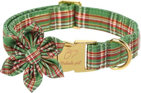 Christmas Dog Collars for Large Dog with Flower Tie,Green Dog Collar with Safety Metal Buckle Adjustable Puppy Collars for Small Medium Dog,Boy&Gi...