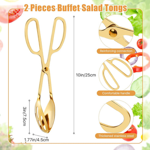 2 Pieces Salad Tongs, 10 Inch Gold Salad Tongs, Stainless Steel Scissor Tongs, Gold Tongs for Serving Food, Kitchen Serving Tongs for Cooking Cate...