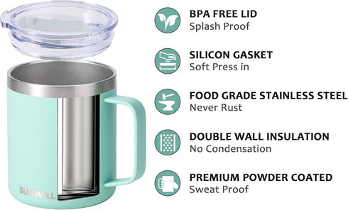 SUNWILL Insulated Coffee Mug with Lid, Travel Tumbler with Handle, 14 oz Stainless Steel Cup for Camping, Office, Home, Powder Coated Mint...