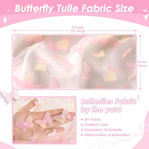 Rainbow Pink Tulle Fabric Rolls: 2 Yards 3D Butterfly Embroidery Fabric - DIY Cloth for Birthday Party Decorations...