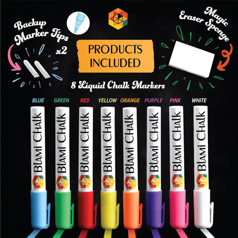 Chalk Markers 8 Pens Set - Neon Vibrant Chalkboard Markers - Non-Toxic Water-based Liquid Chalk Markers with Reversible Tips and Erasing Sponge In...
