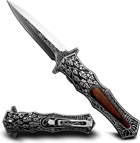 Leaf Patterned Wood Handle Japanese Pocket Knife with Clip, 8.9" Tactical Survival Folding Knife for Outdoor Camping, Hunting, EDC, Fishing, Gifts...