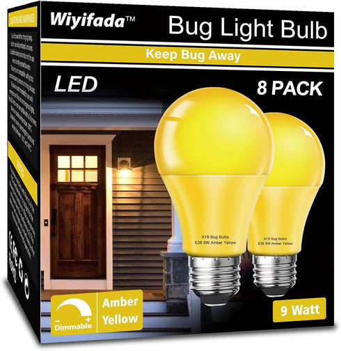 LED Bug Light Bulbs Outdoor 8 Pack,Dimmable 9W Amber Yellow Bug Light Bulbs Replace up to 60W, A19 Bug Lights for Outside, Bedroom, Hallway Porch ...