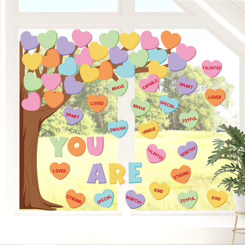 61Pcs Valentine's Day Classroom Bulletin Board Set Classroom Decoration Conversation Candy Heart Tree Cutout with Glue Points for School Wall Door...