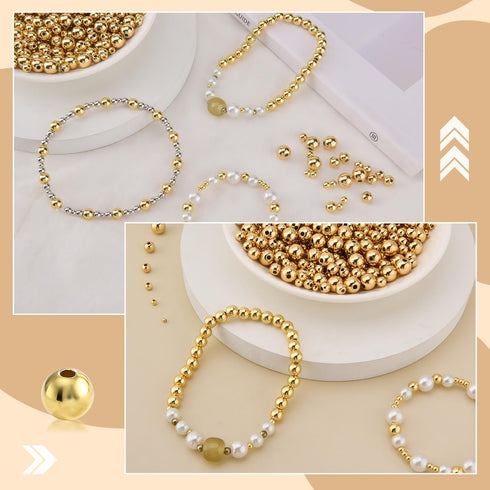 50Pcs 14K Gold Spacer Beads, 2/3/4/5/6/8mm Round Loose Beads for Jewelry Making, Small Smooth Beads Ball Beads Seamless Bead for DIY Bracelet Jewe...