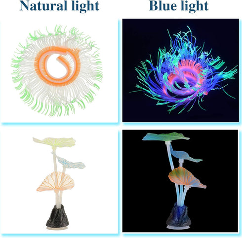 57 Pieces Glowing Fish Tank Decorations Plants with Simulation Glowing Silicone Coral Glowing Jellyfish Lotus Leaf Changeable Green Sea Anemone Lu...