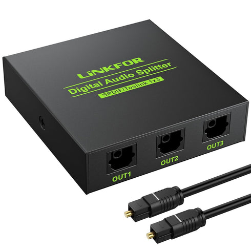 LiNKFOR Digital Optical Audio 1x3 Splitter Digital SPDIF Toslink Optical Fiber Audio Splitter 1 in 3 Out Aluminum Alloy with Optical Cable Support...